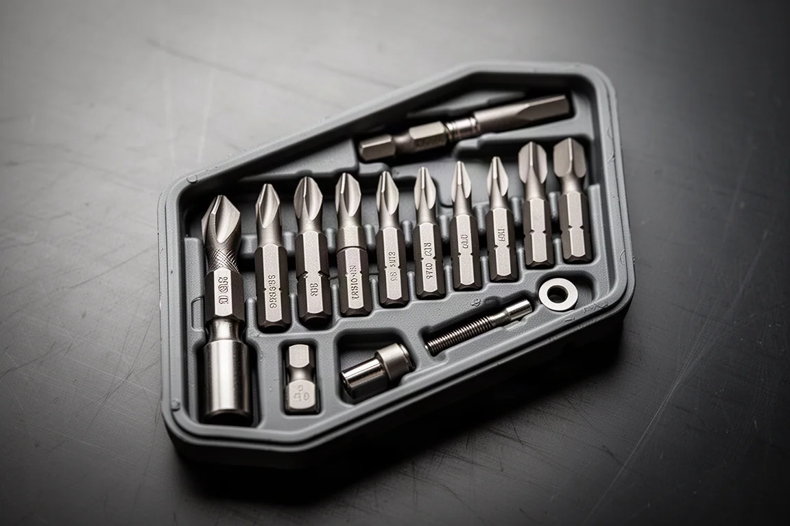 Primo piano di punte in acciaio disposte in un contenitore organizer