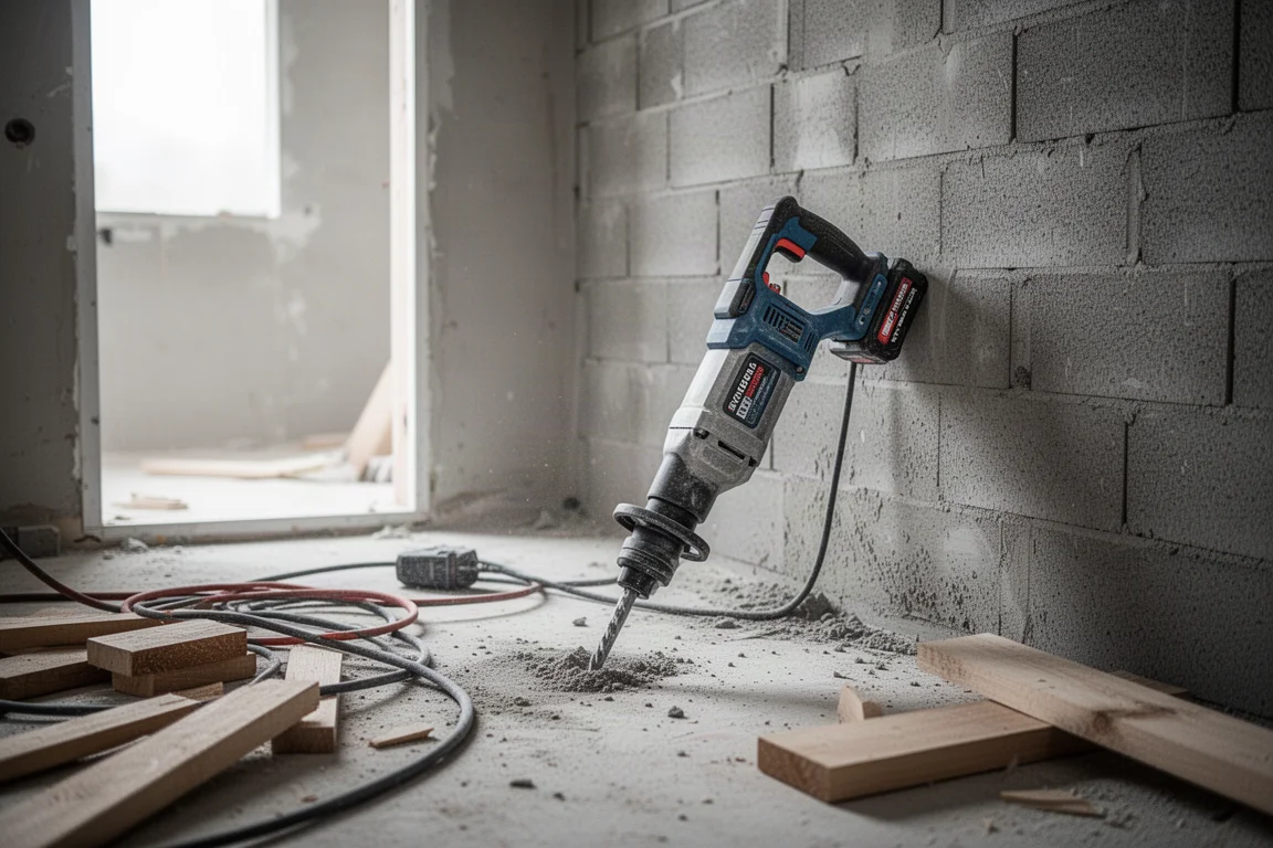 Scena di demolizione pesante con utensile a batteria in uso