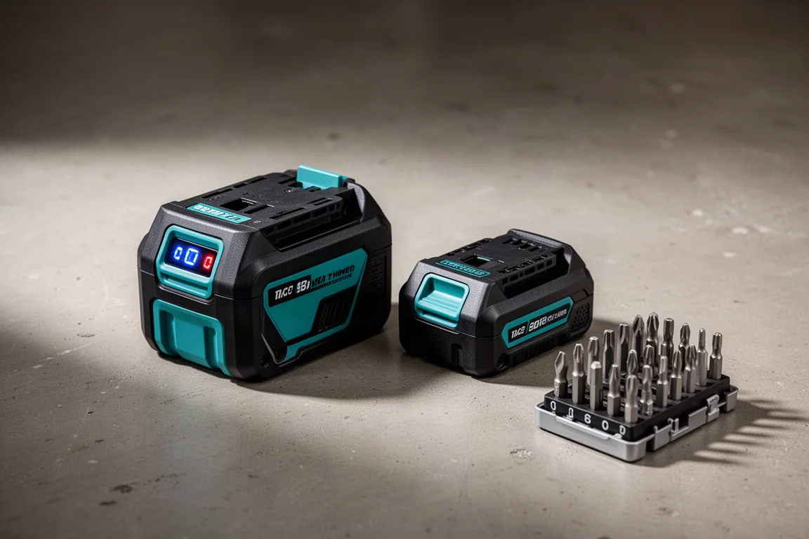 Two Makita XGT battery packs and a set of driver bits on a concrete workshop surface