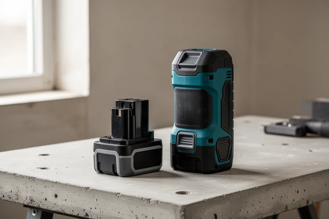 Two cordless tool battery packs standing side by side on a workbench