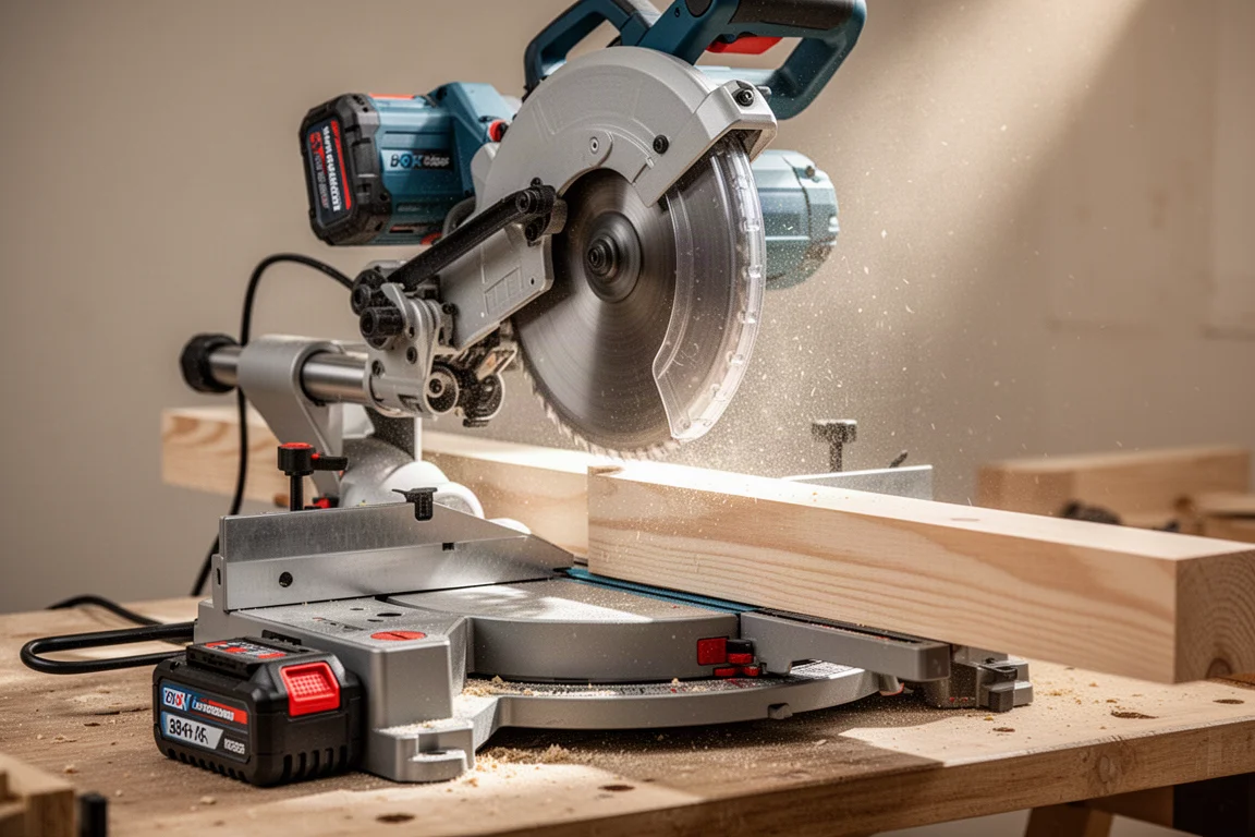 Cordless miter saw cutting a board with battery pack mounted