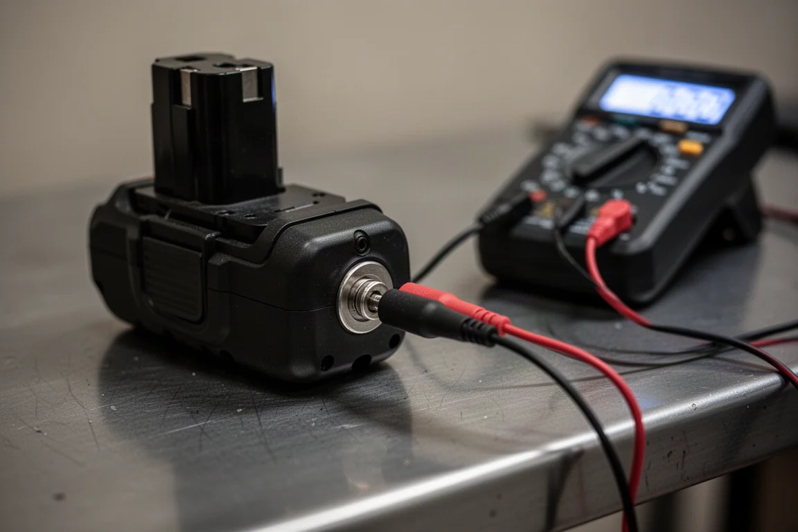Close-up of a battery pack terminal showing voltage readout on a multimeter