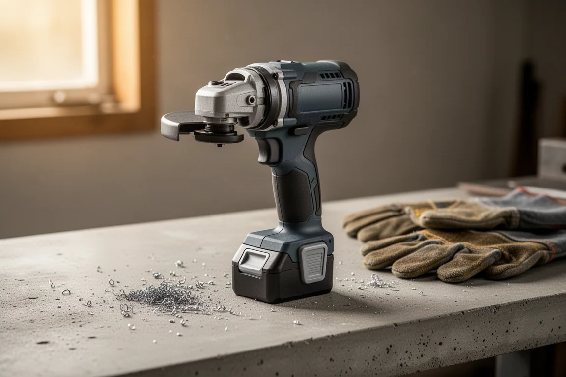 Cordless angle grinder with compact battery pack on a workbench