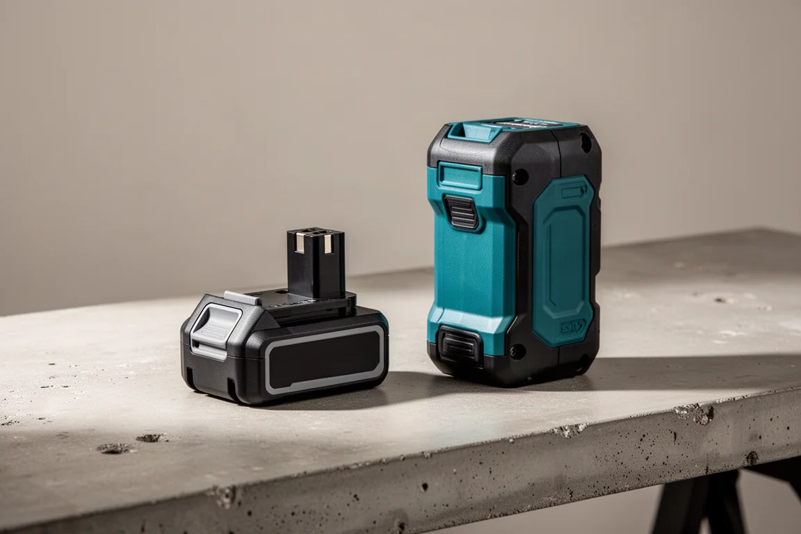 Two Makita XGT battery packs side by side on a workbench, one compact and one larger