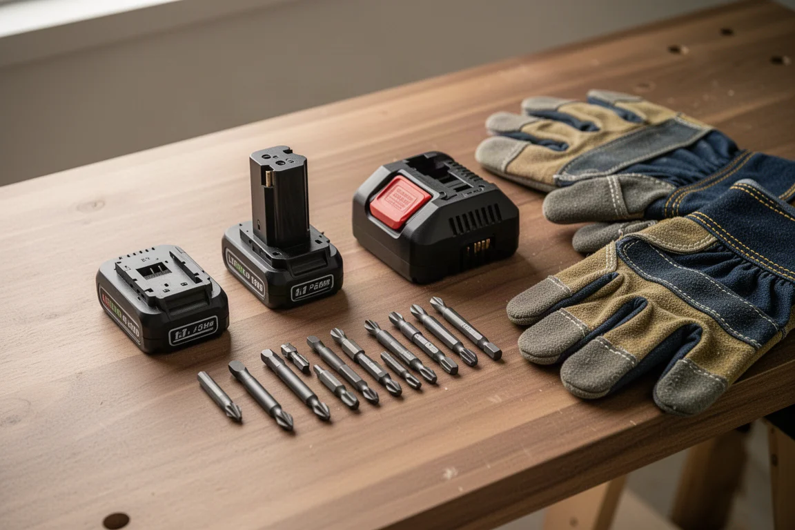 Akkuschnitt: cordless Elektrowerkzeuge auf einer Werkstattbank mit Akkus und Ladegerät