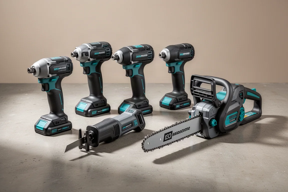 Makita XGT power tools including impact drivers, reciprocating saw, and chainsaw on a concrete floor