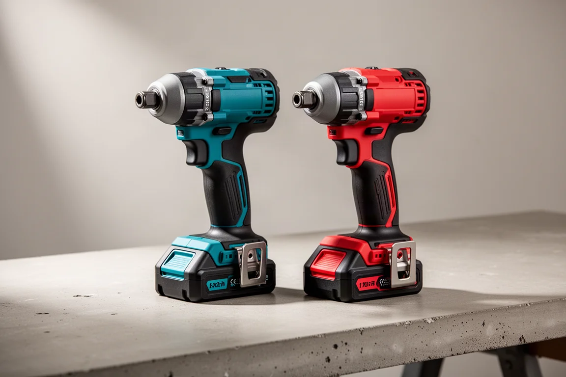 Teal and red cordless impact drivers side by side on a concrete workbench