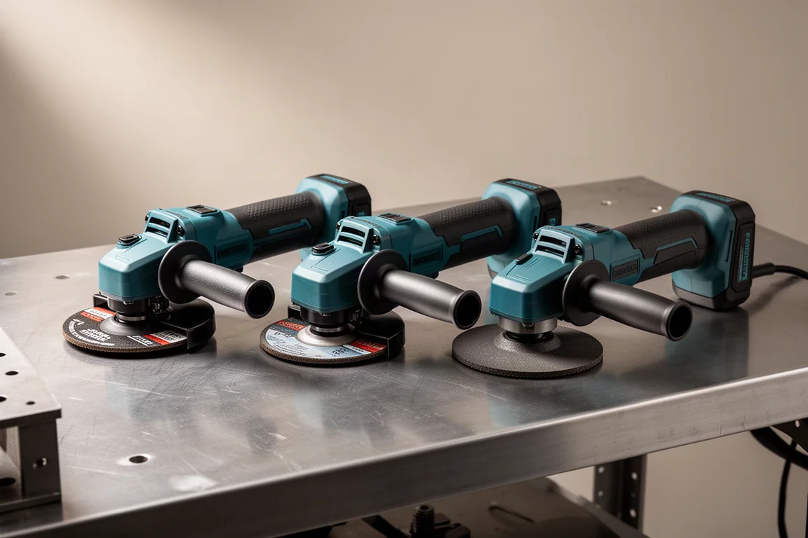Three Makita cordless angle grinders side by side on a workbench