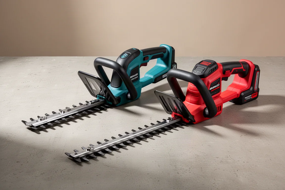 Two cordless hedge trimmers side by side on a concrete surface
