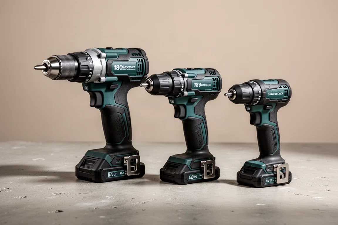 Three cordless 18V drills of different sizes lined up on a concrete surface