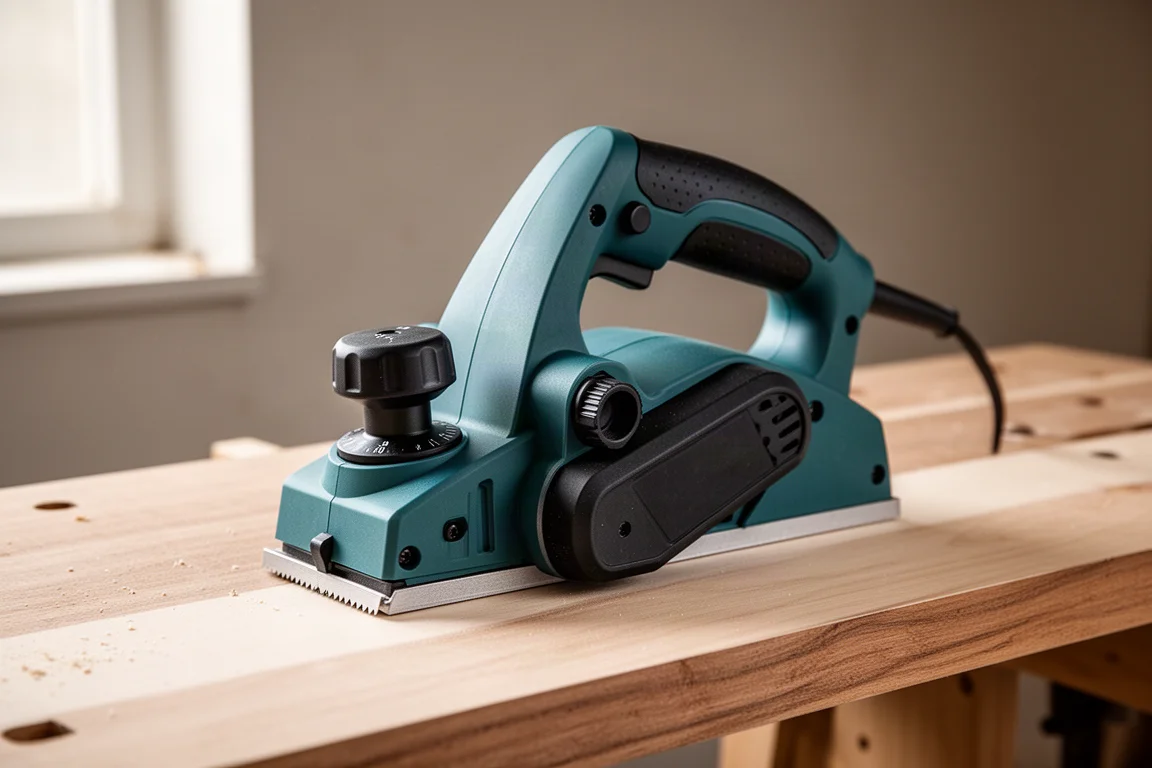 Compact teal and black Makita portable planer resting on a wooden workbench