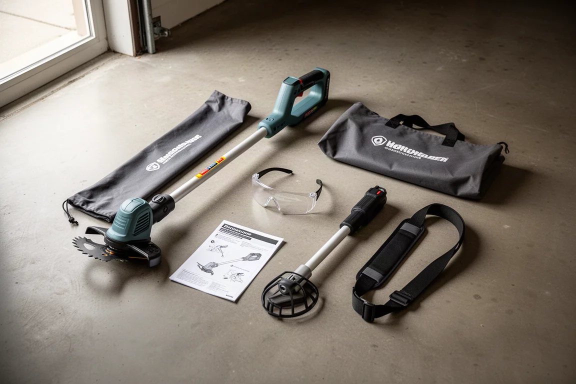 在車庫地板上開箱 Makita 36V 打草機,零件整齊排列