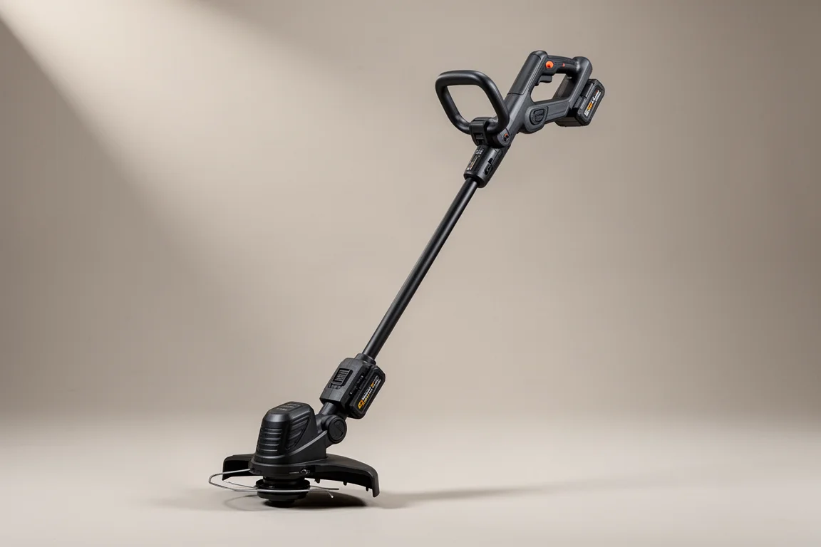 Makita XRU15PT1 36V cordless string trimmer standing upright on a grey backdrop