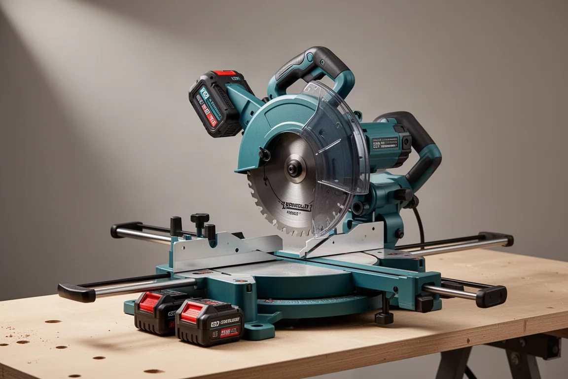 Makita XSL06PT 36V cordless miter saw kit on a workbench
