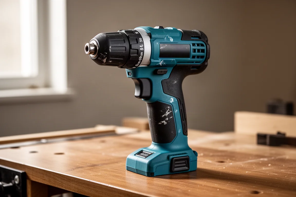 Compact teal and black impact driver photographed on a wooden workbench