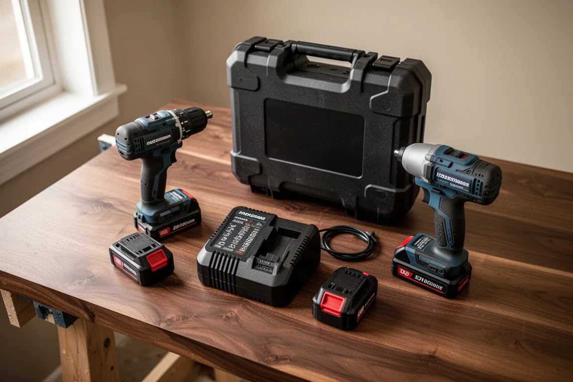 Kit combo de taladro y atornillador de impacto inalámbrico sobre un banco de trabajo