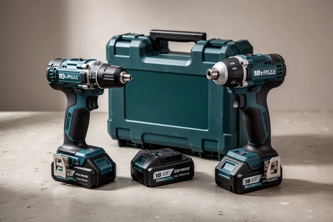 Makita 18V drill and impact driver combo kit with carry case and batteries on concrete