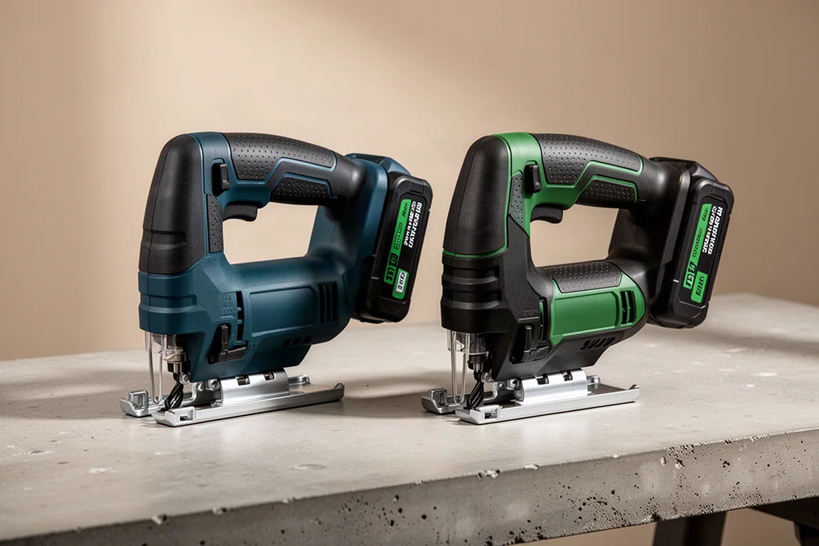 Two cordless jigsaws side by side on a concrete workbench
