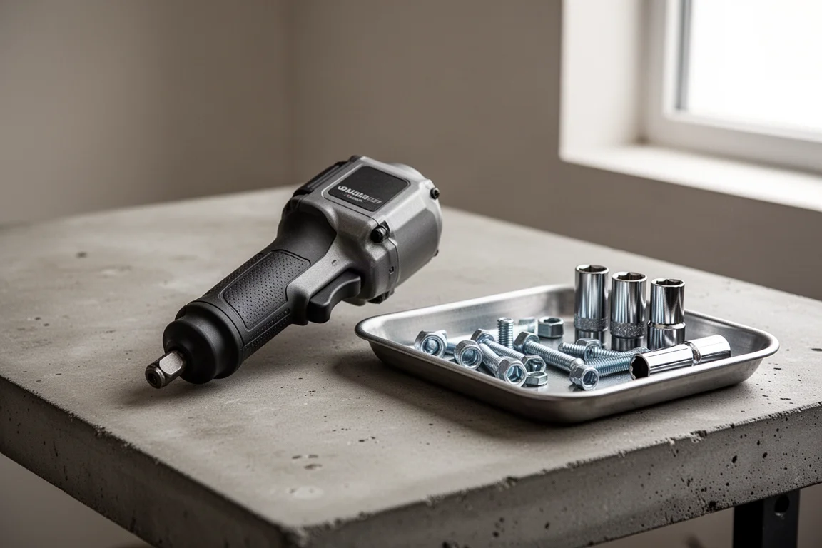 Compact cordless impact wrench resting on a workbench beside a tray of bolts and sockets
