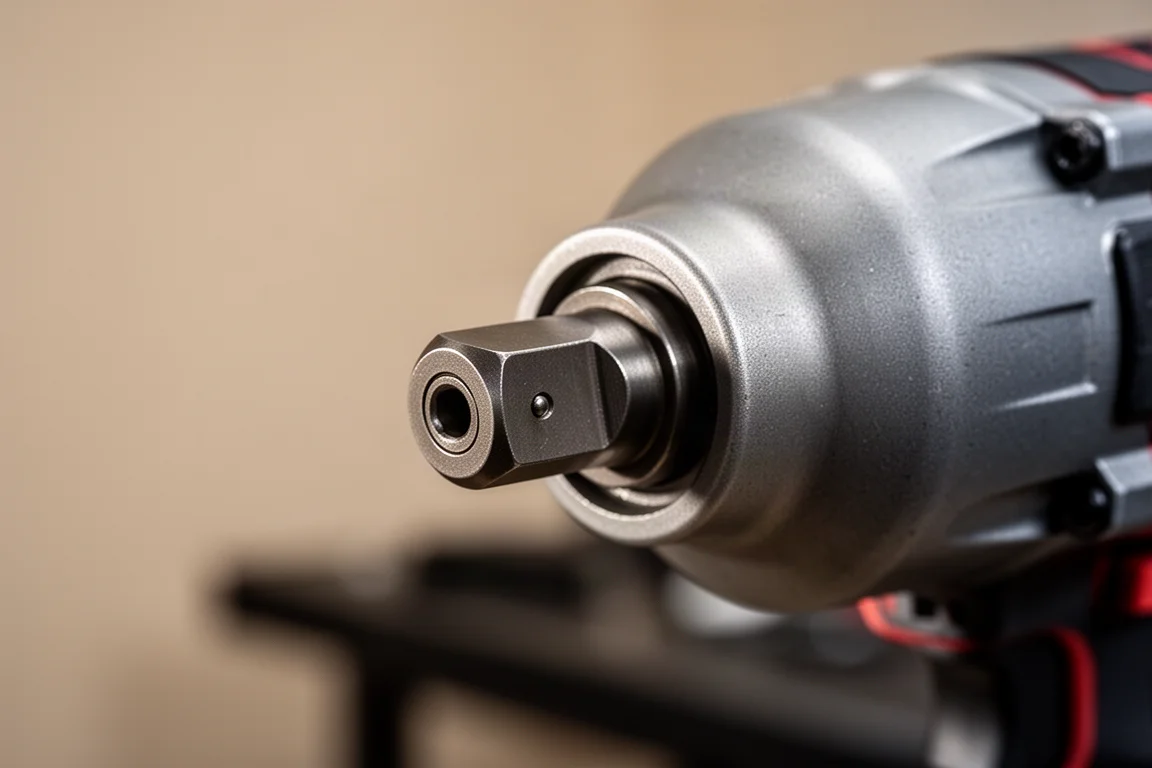 Close-up of a half-inch square anvil with pin detent on the nose of an impact wrench