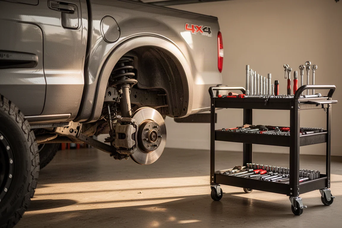 Mechanic's work area with a vehicle brake assembly partially disassembled in a garage