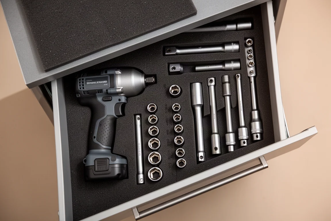 Tool drawer with compact impact wrenches and socket sets neatly organized