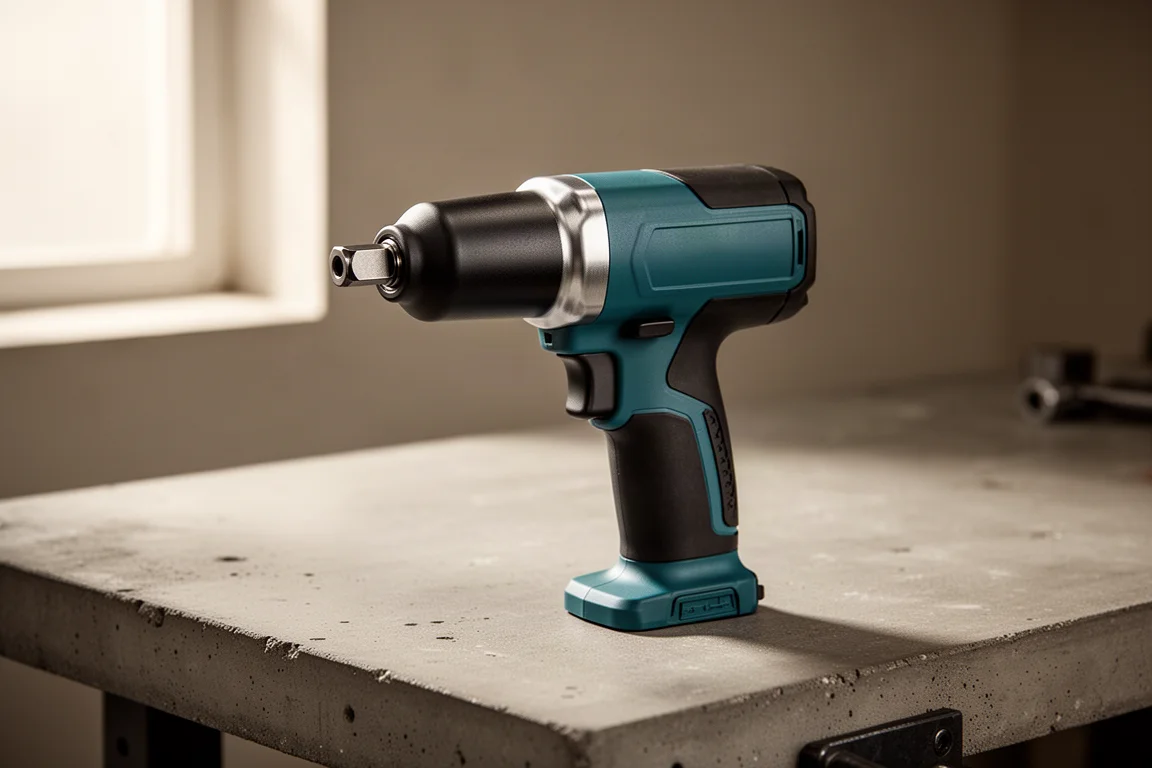 Compact cordless impact wrench with thin head and half-inch anvil on a workbench