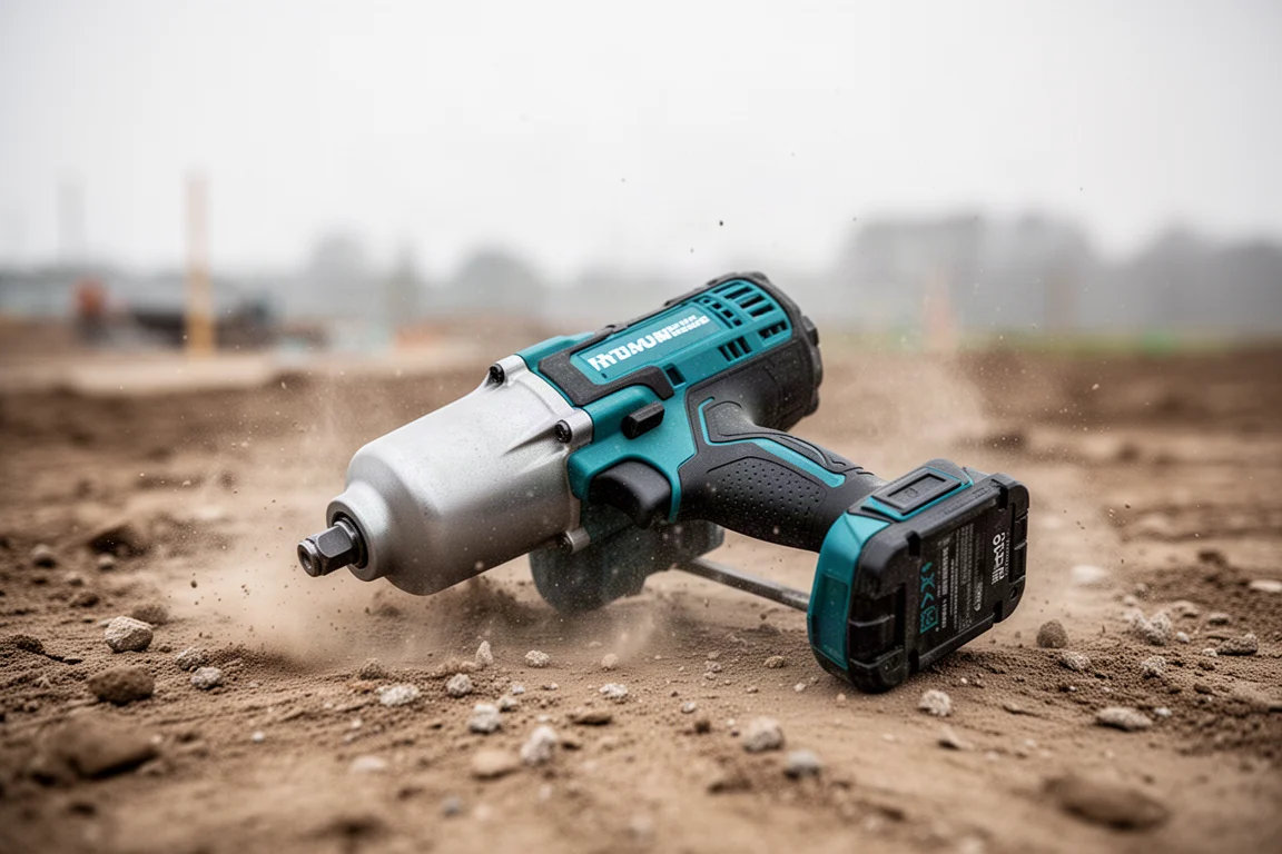 Verstaubter Impactschrauber, auf dem Boden einer Outdoor-Baustelle liegend