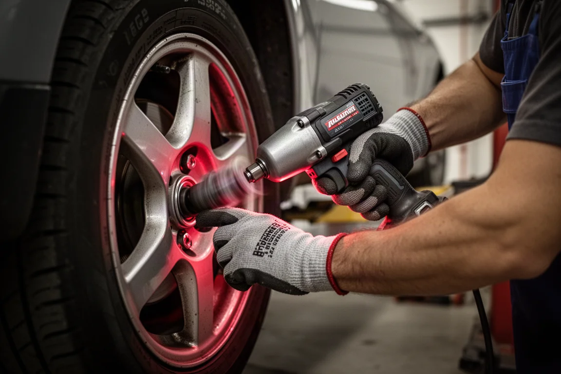 Mecánico usando una llave de impacto inalámbrica en la rueda de un coche en un garaje con poca luz