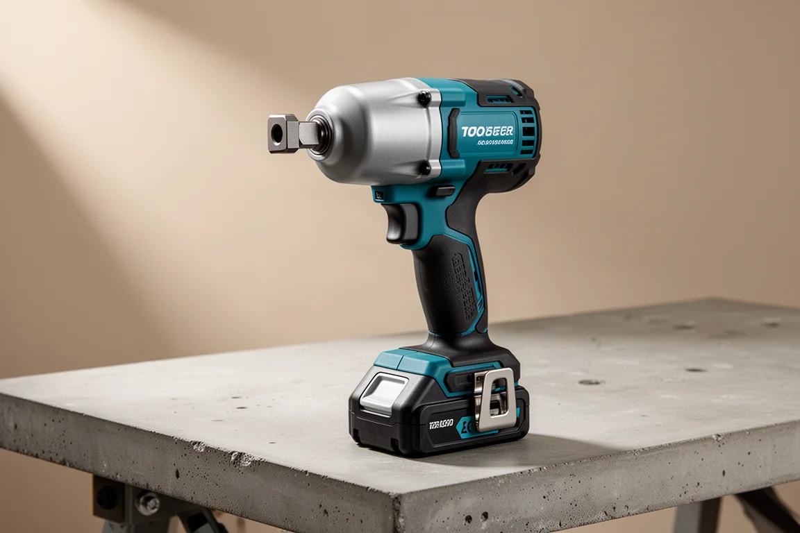 Teal and black cordless impact wrench on a concrete workbench