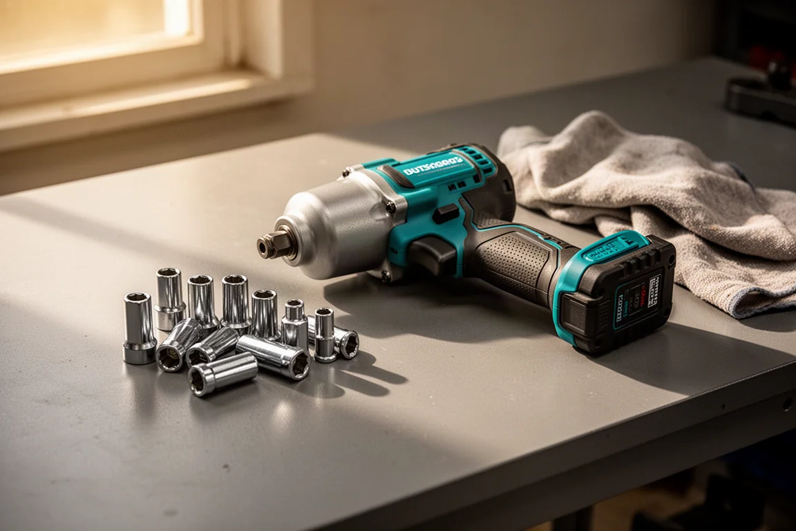 Cordless impact wrench resting on a workshop bench beside loose lug nuts