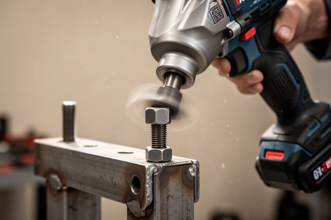Impact wrench tightening a large bolt on an automotive work stand