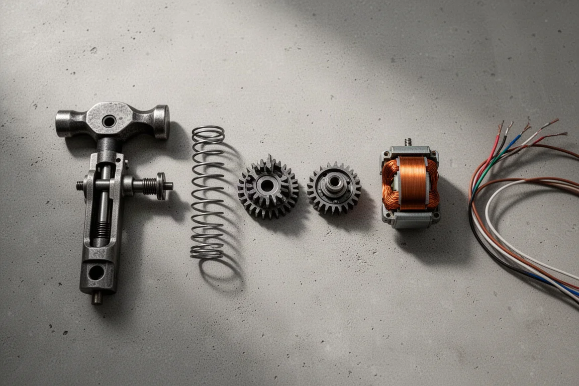 Disassembled impact wrench internals laid out on a workbench