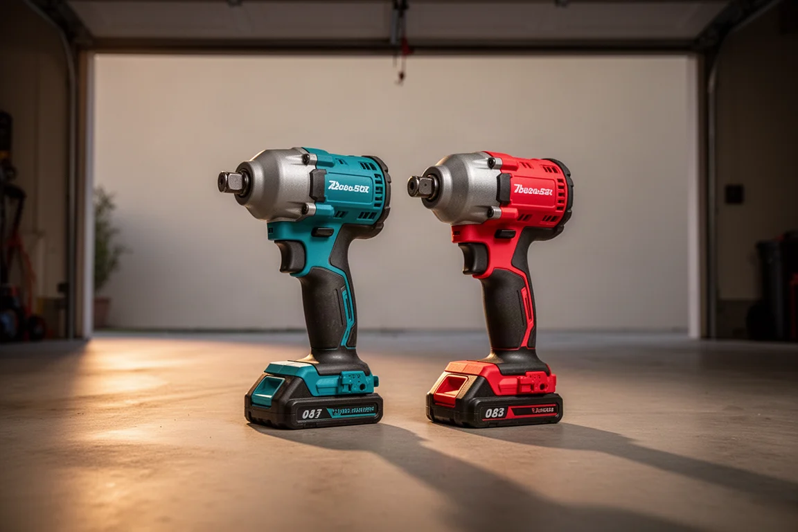 Two impact wrenches side by side on a garage floor in mixed light
