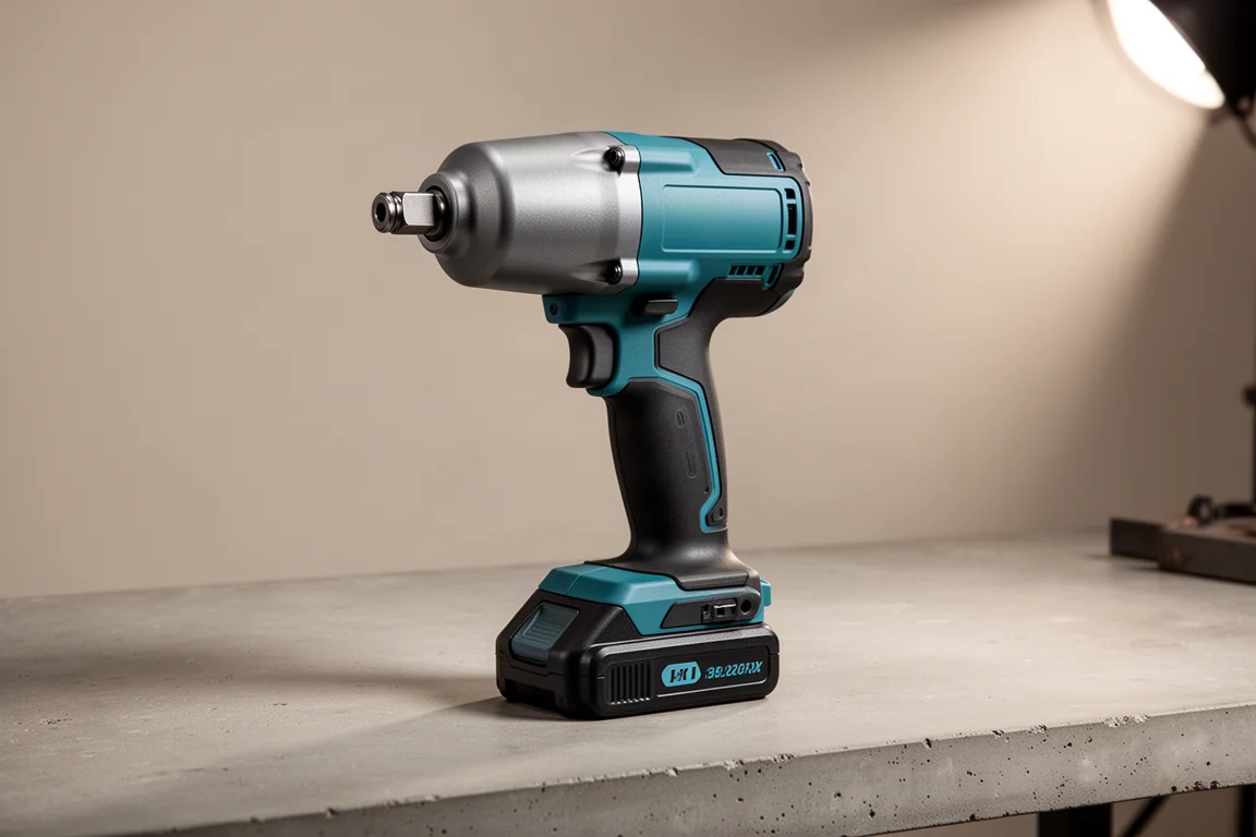 Teal and black Makita half-inch cordless impact wrench standing on a concrete workbench