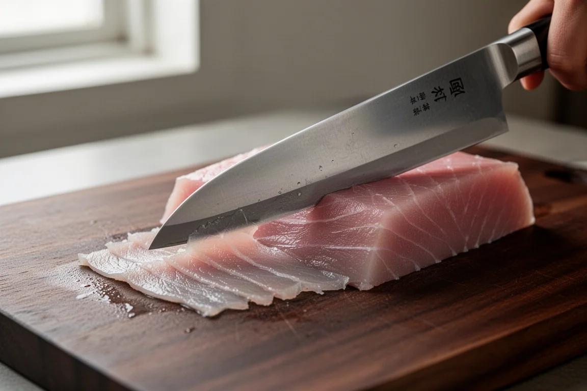 Thin, even slices of raw fish being cut on a wooden board with a long slicing knife