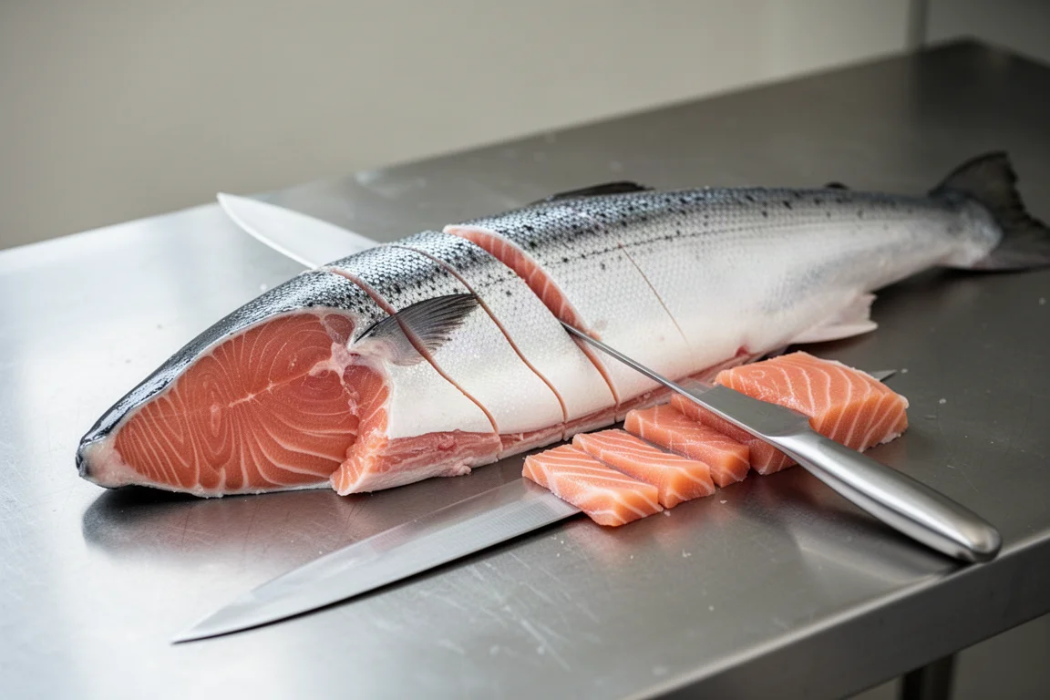 Whole salmon being portioned on a kitchen work surface