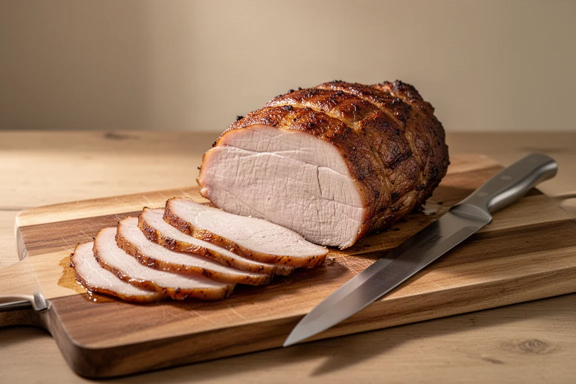 Roast beef being carved into even slices with a long slicing knife