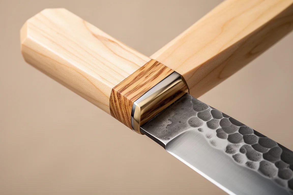 Close-up of the junction between an octagonal maple handle and a knife blade
