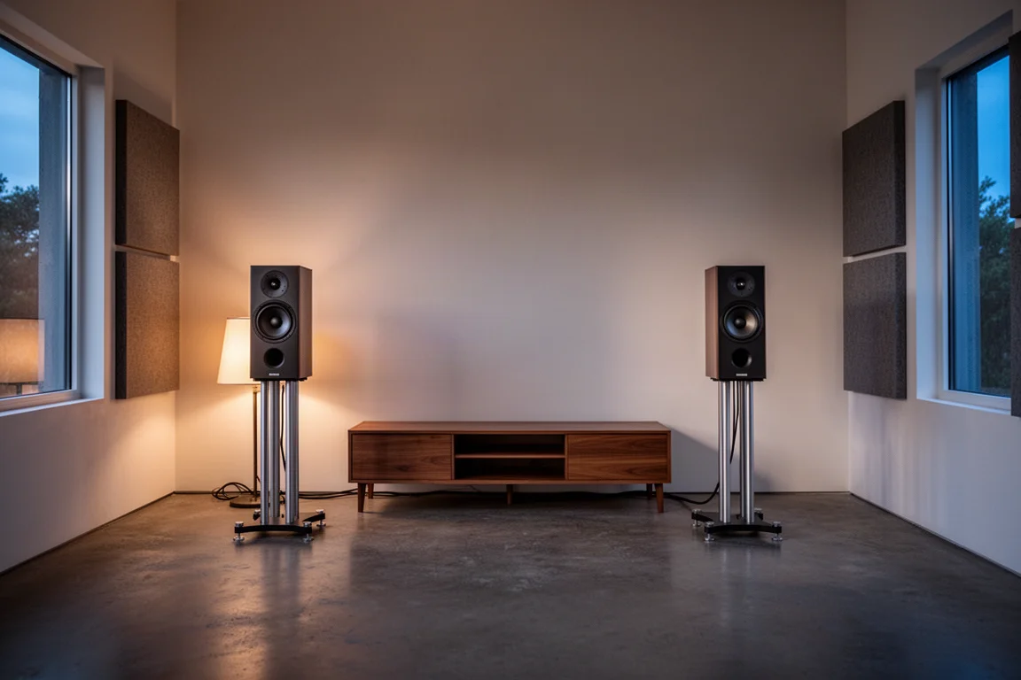Par de caixas monitoras sobre suportes em uma sala de audição minimalista com iluminação baixa