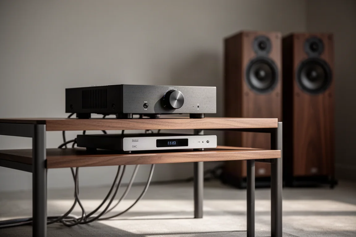Amplificador integrado e DAC em um rack de hi-fi minimalista com cabos