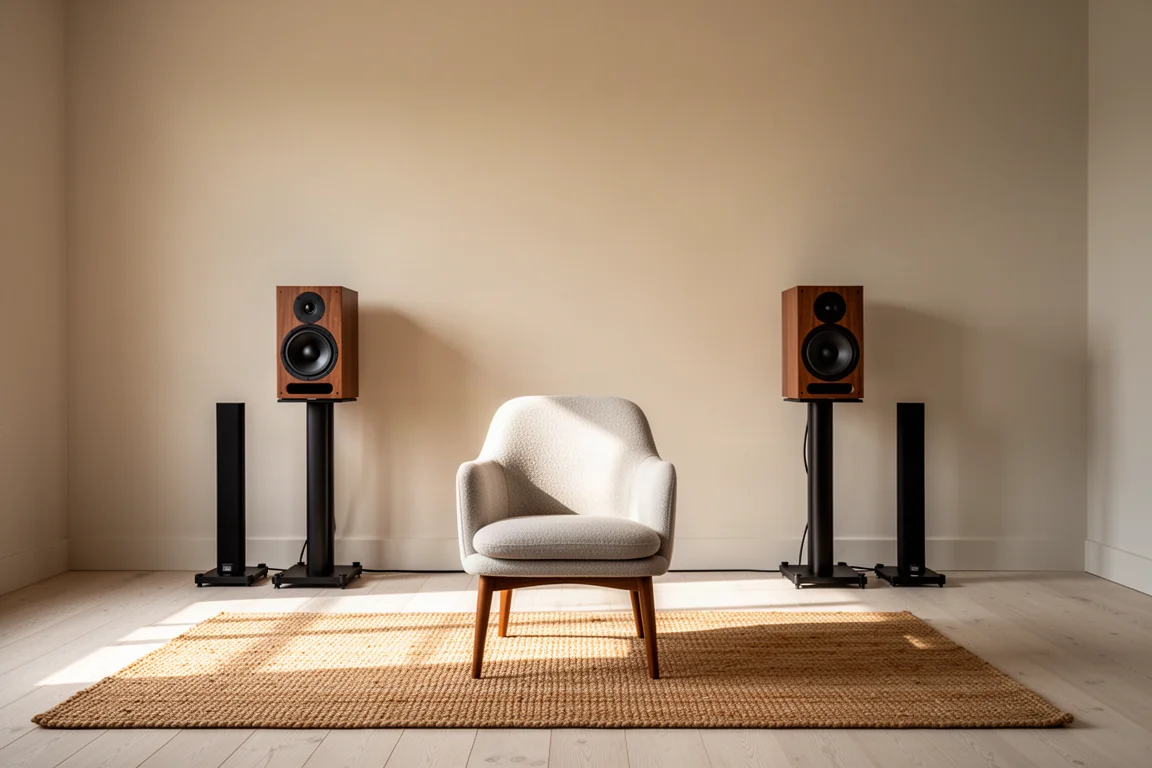 Cadeira de audição voltada para caixas monitoras posicionadas longe de uma parede lisa