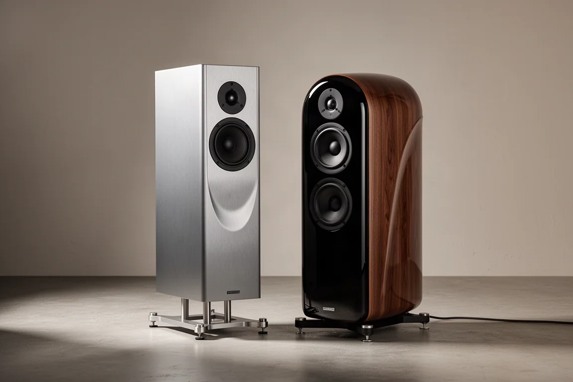 Two premium standmount speakers on metal stands in a minimal listening room