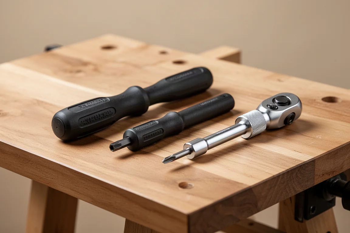 Tre manici a portapunte a bloccaggio di lunghezze diverse su un banco da lavoro