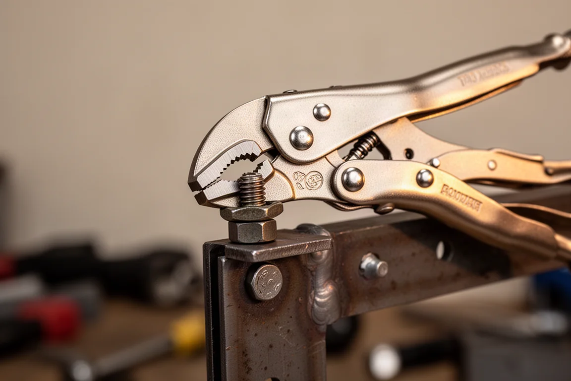Gripzange, um einen abgerundeten Befestiger an einem Metallwinkel geklemmt