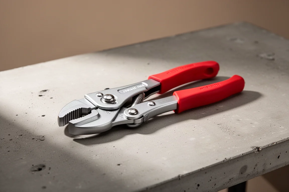 Pinze autobloccanti Malco Eagle Grip da 7 pollici con taglierina su una panca di lavoro in cemento