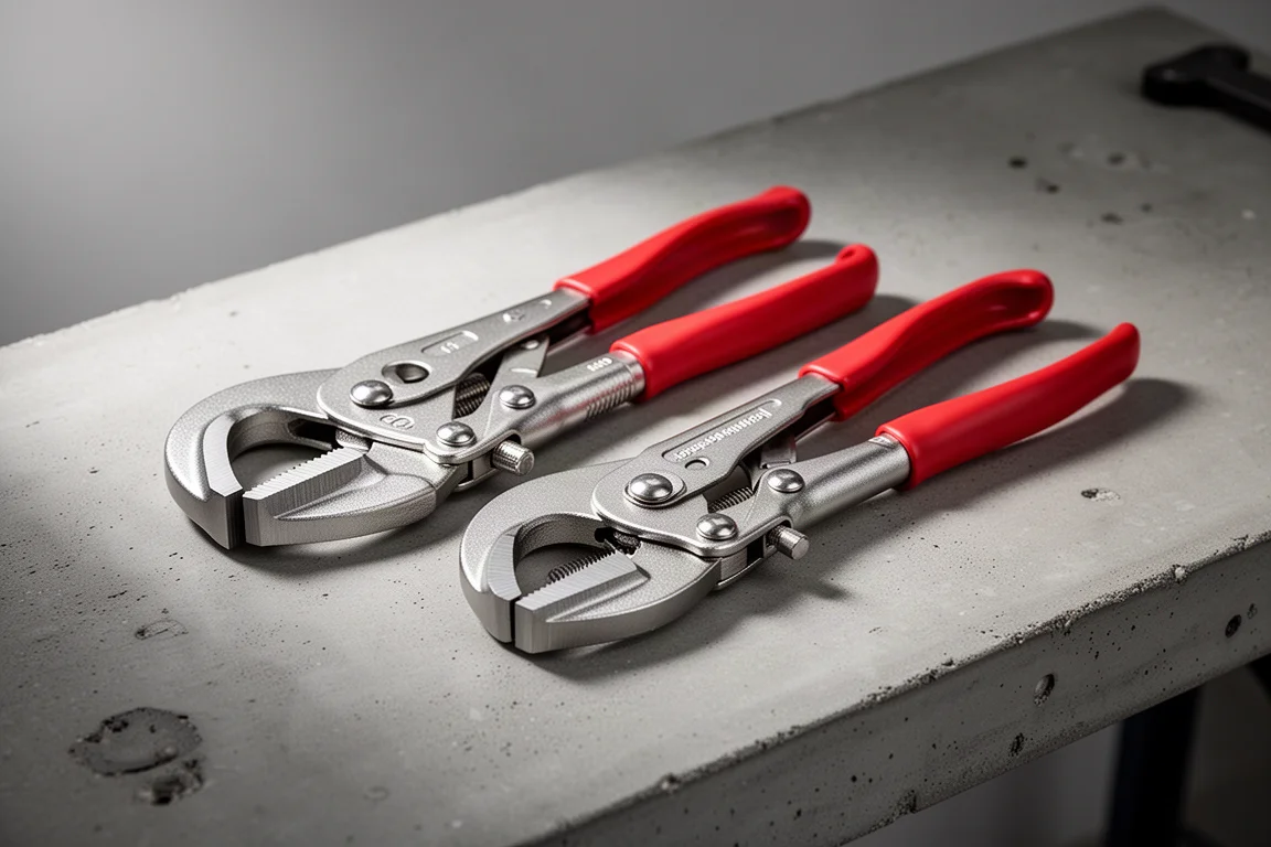 Two 11-inch C-clamp locking pliers side by side on a concrete workbench