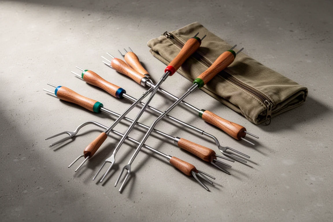 Five telescoping roasting sticks with colored handles beside a folded canvas pouch