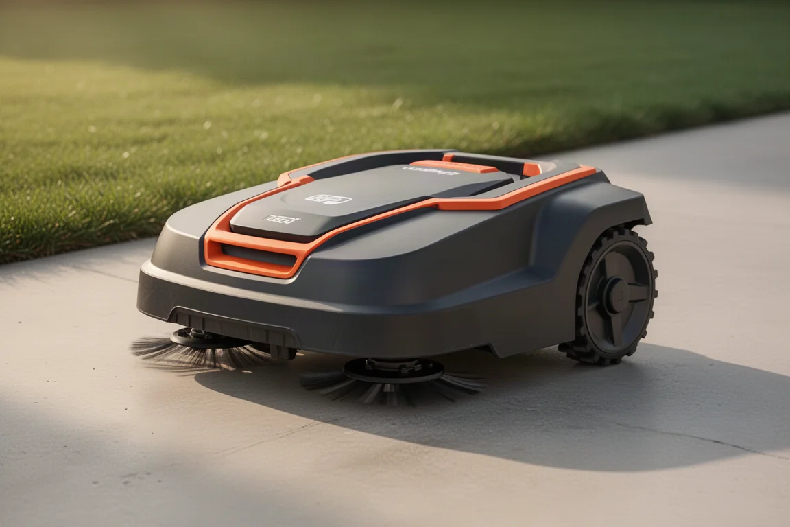 Robot tagliaerba Mammotion Luba 3 AWD sul cemento accanto a un prato verde