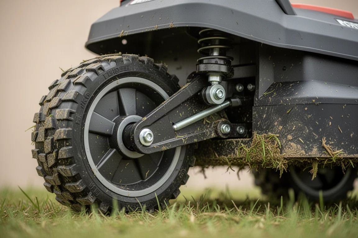 Primo piano della sospensione e delle ruote a trazione integrale del robot tagliaerba